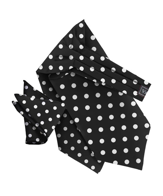 Vittorio Farina Men's Polka Dot Satin Ascot & Pocket Square - Black and White - Ascot & Pocket Square - Vittorio Farina
