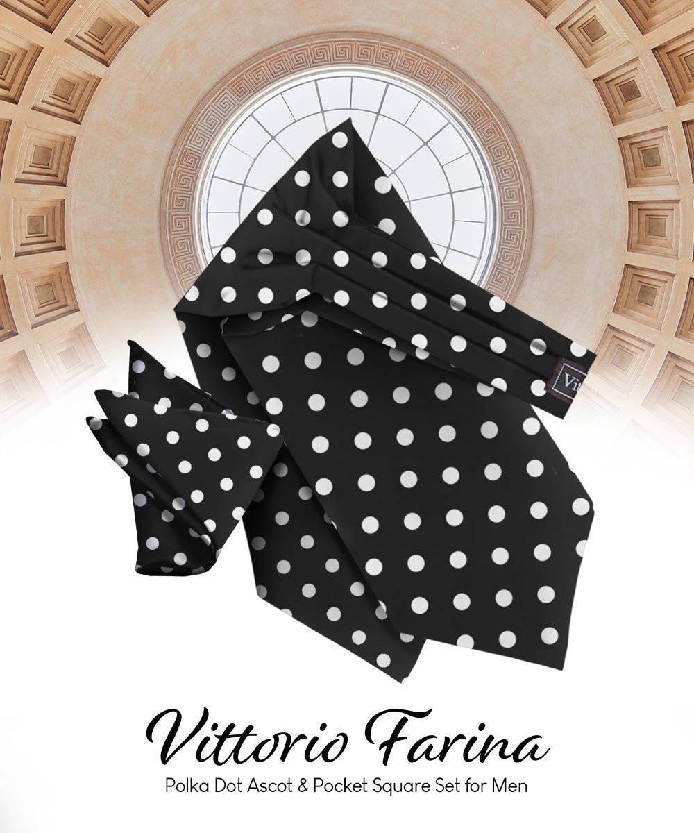 Vittorio Farina Men's Polka Dot Satin Ascot & Pocket Square - Black and White - Ascot & Pocket Square - Vittorio Farina