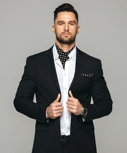 Vittorio Farina Men's Polka Dot Satin Ascot & Pocket Square - Black and White - Ascot & Pocket Square - Vittorio Farina