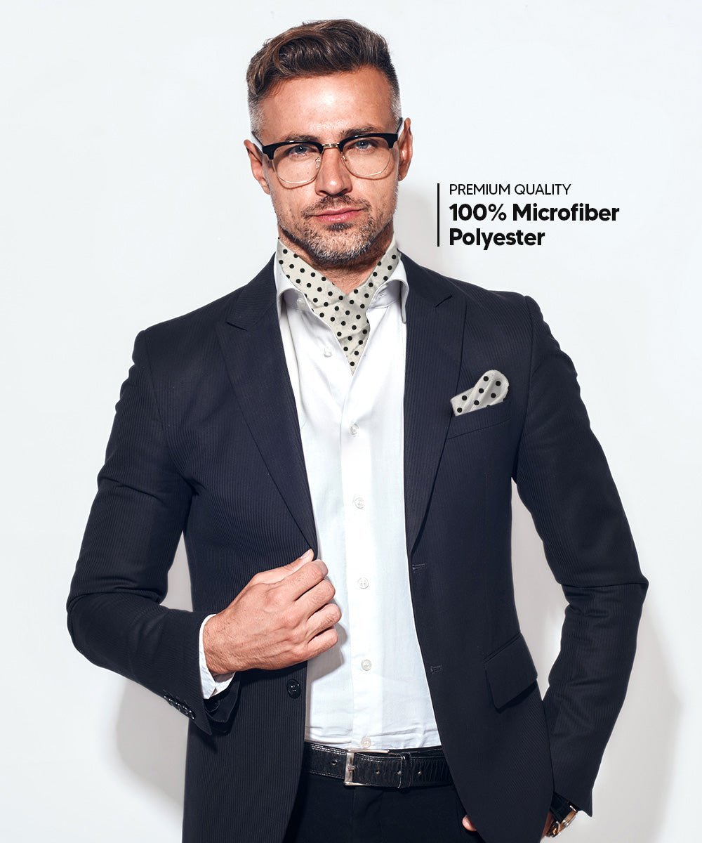 Vittorio Farina Men's Polka Dot Satin Ascot & Pocket Square - Ivory and Black - Ascot & Pocket Square - Vittorio Farina
