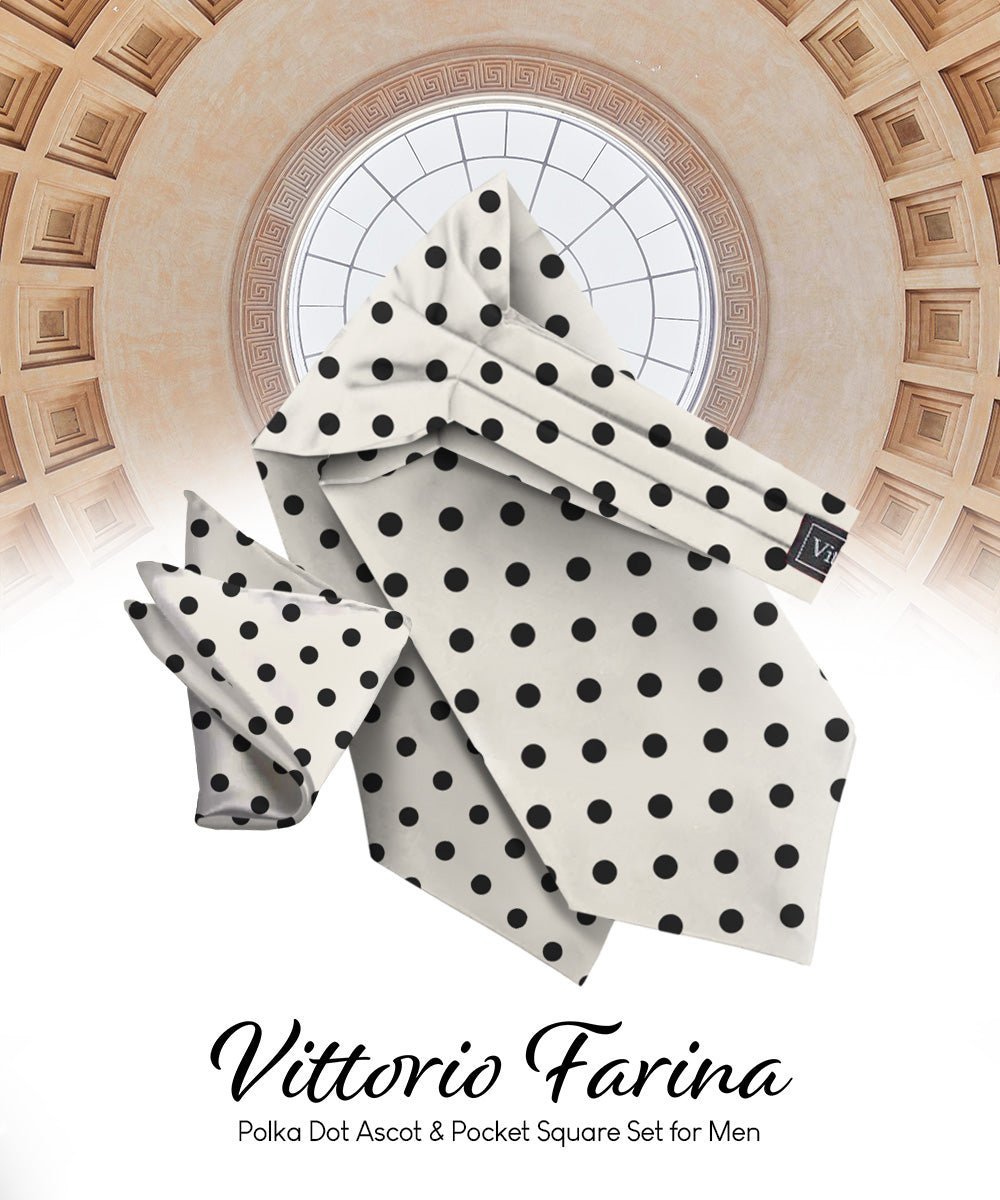 Vittorio Farina Men's Polka Dot Satin Ascot & Pocket Square - Black and White - Ascot & Pocket Square - Vittorio Farina