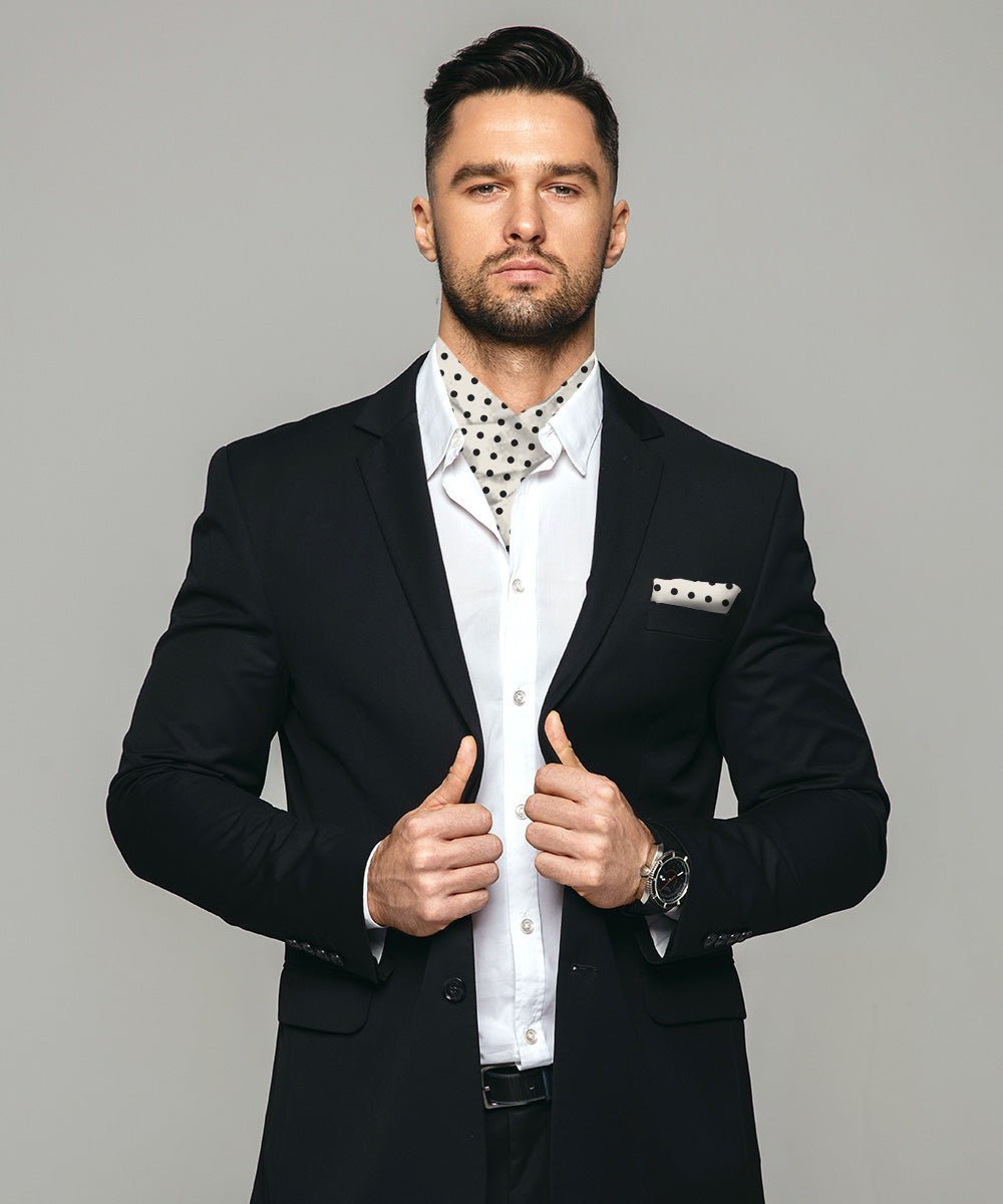 Vittorio Farina Men's Polka Dot Satin Ascot & Pocket Square - Ivory and Black - Ascot & Pocket Square - Vittorio Farina