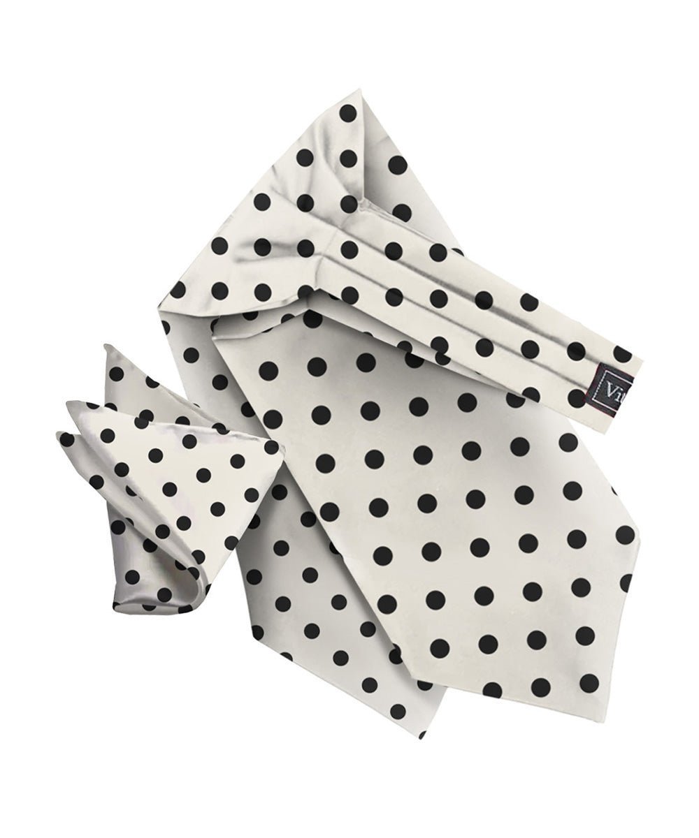 Vittorio Farina Men's Polka Dot Satin Ascot & Pocket Square - Ivory and Black - Ascot & Pocket Square - Vittorio Farina