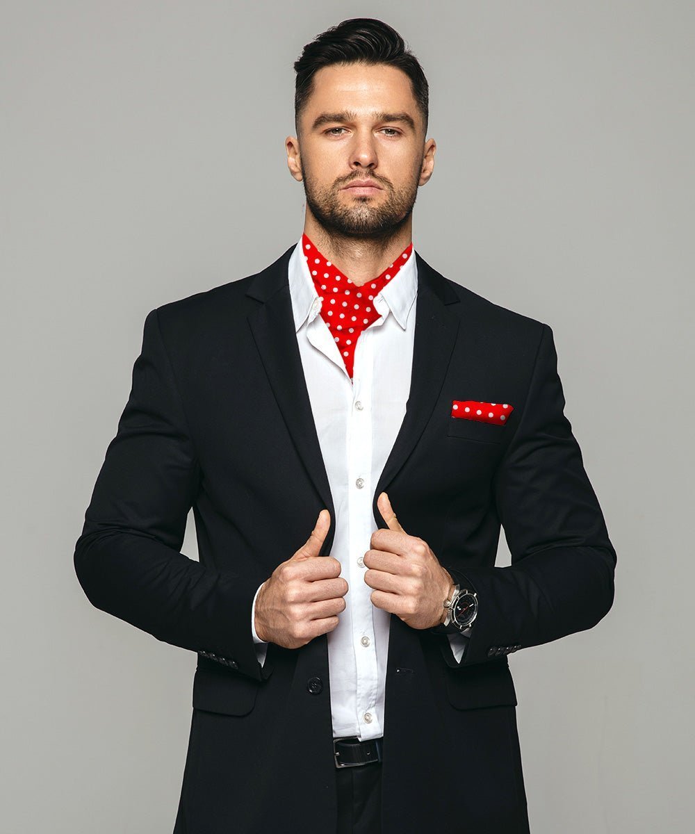 Vittorio Farina Men's Polka Dot Satin Ascot & Pocket Square - Ivory and Black - Ascot & Pocket Square - Vittorio Farina