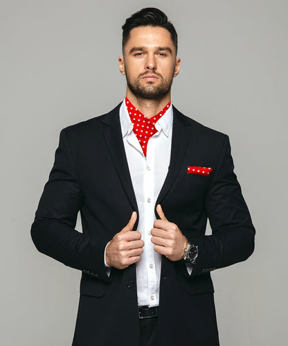 Vittorio Farina Men's Polka Dot Satin Ascot & Pocket Square - Ivory and Black - Ascot & Pocket Square - Vittorio Farina