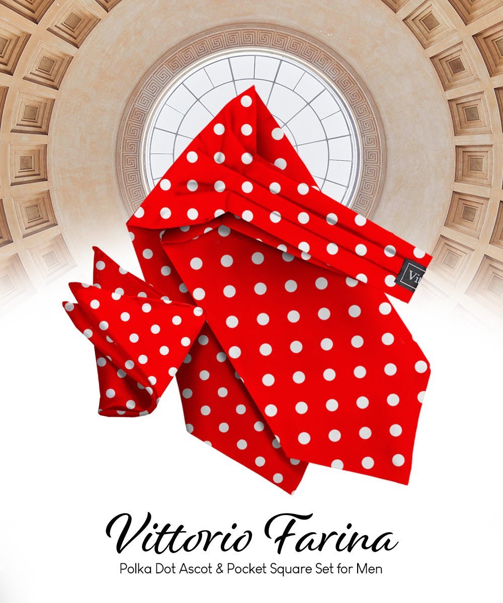Vittorio Farina Men's Polka Dot Satin Ascot & Pocket Square - Red and White - Ascot & Pocket Square - Vittorio Farina