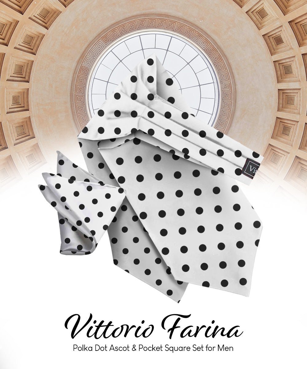 Vittorio Farina Men's Polka Dot Satin Ascot & Pocket Square - Ivory and Black - Ascot & Pocket Square - Vittorio Farina