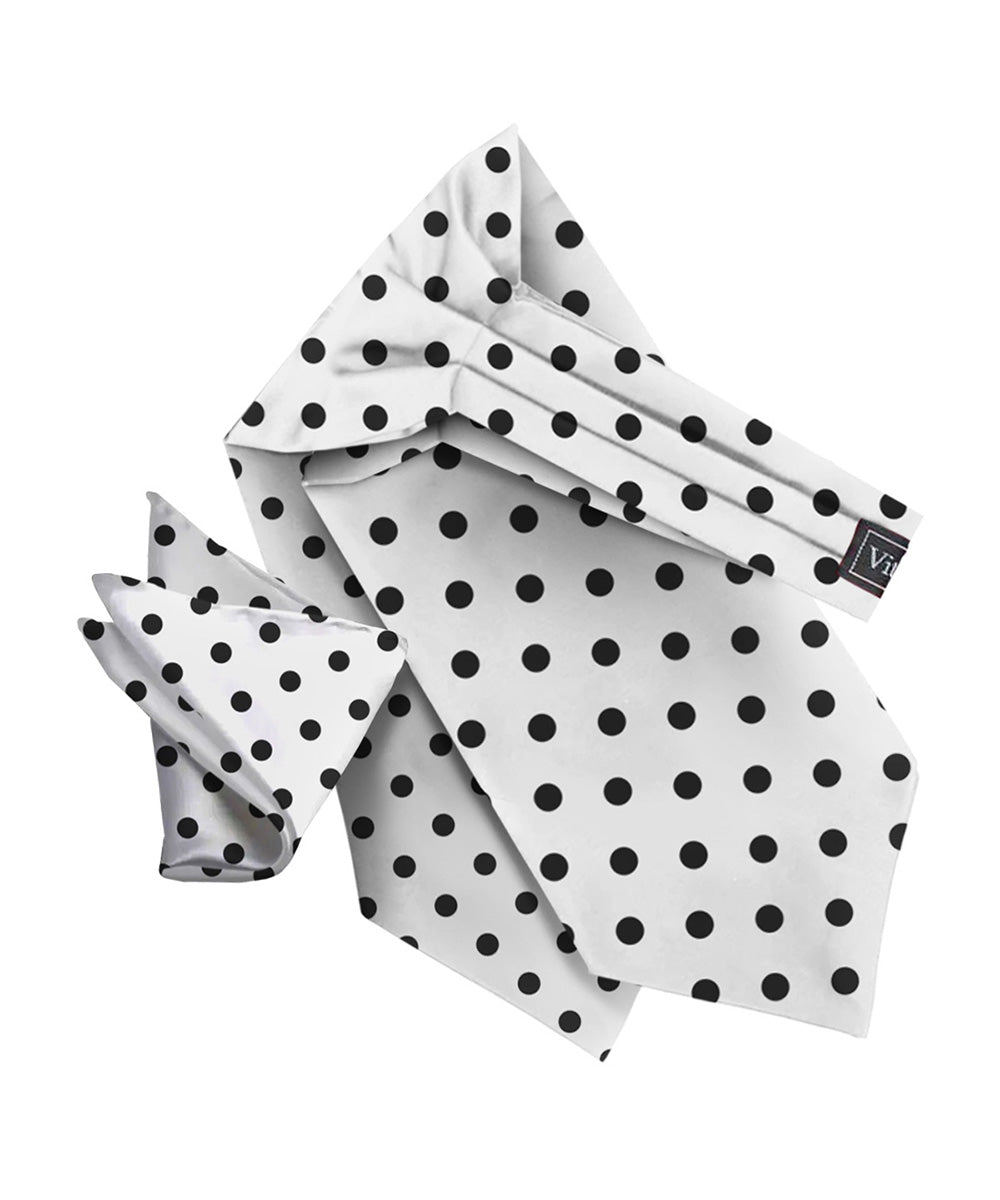 Vittorio Farina Men's Polka Dot Satin Ascot & Pocket Square - White and Black - Ascot & Pocket Square - Vittorio Farina