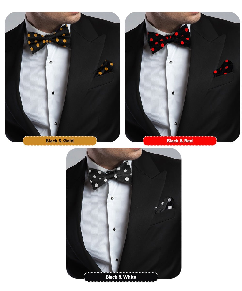 Vittorio Farina Men's Polka Dot Satin Bow Tie & Pocket Square in Gift Box (Multipack) - Black and Gold/Black and Red/Black and White - Bow Tie & Pocket Square - Vittorio Farina