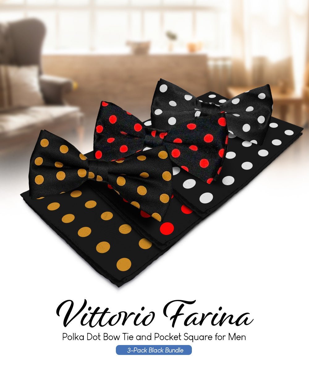 Vittorio Farina Men's Polka Dot Satin Bow Tie & Pocket Square in Gift Box (Multipack) - Black and Gold/Black and Red/Black and White - Bow Tie & Pocket Square - Vittorio Farina
