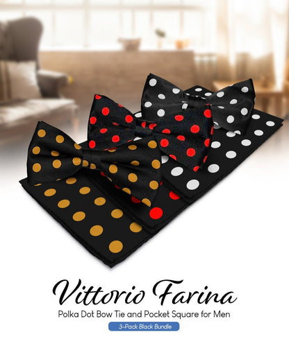Vittorio Farina Men's Polka Dot Satin Bow Tie & Pocket Square in Gift Box (Multipack) - Black and Gold/Black and Red/Black and White - Bow Tie & Pocket Square - Vittorio Farina