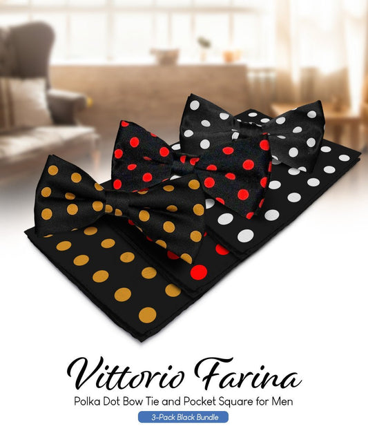 Vittorio Farina Men's Polka Dot Satin Bow Tie & Pocket Square in Gift Box (Multipack) - Black and Gold/Black and Red/Black and White - Bow Tie & Pocket Square - Vittorio Farina