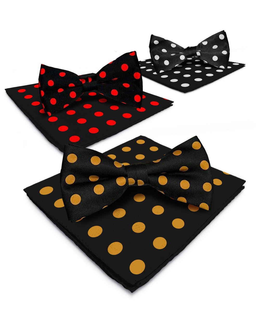 Vittorio Farina Men's Polka Dot Satin Bow Tie & Pocket Square in Gift Box (Multipack) - Black and Gold/Black and Red/Black and White - Bow Tie & Pocket Square - Vittorio Farina