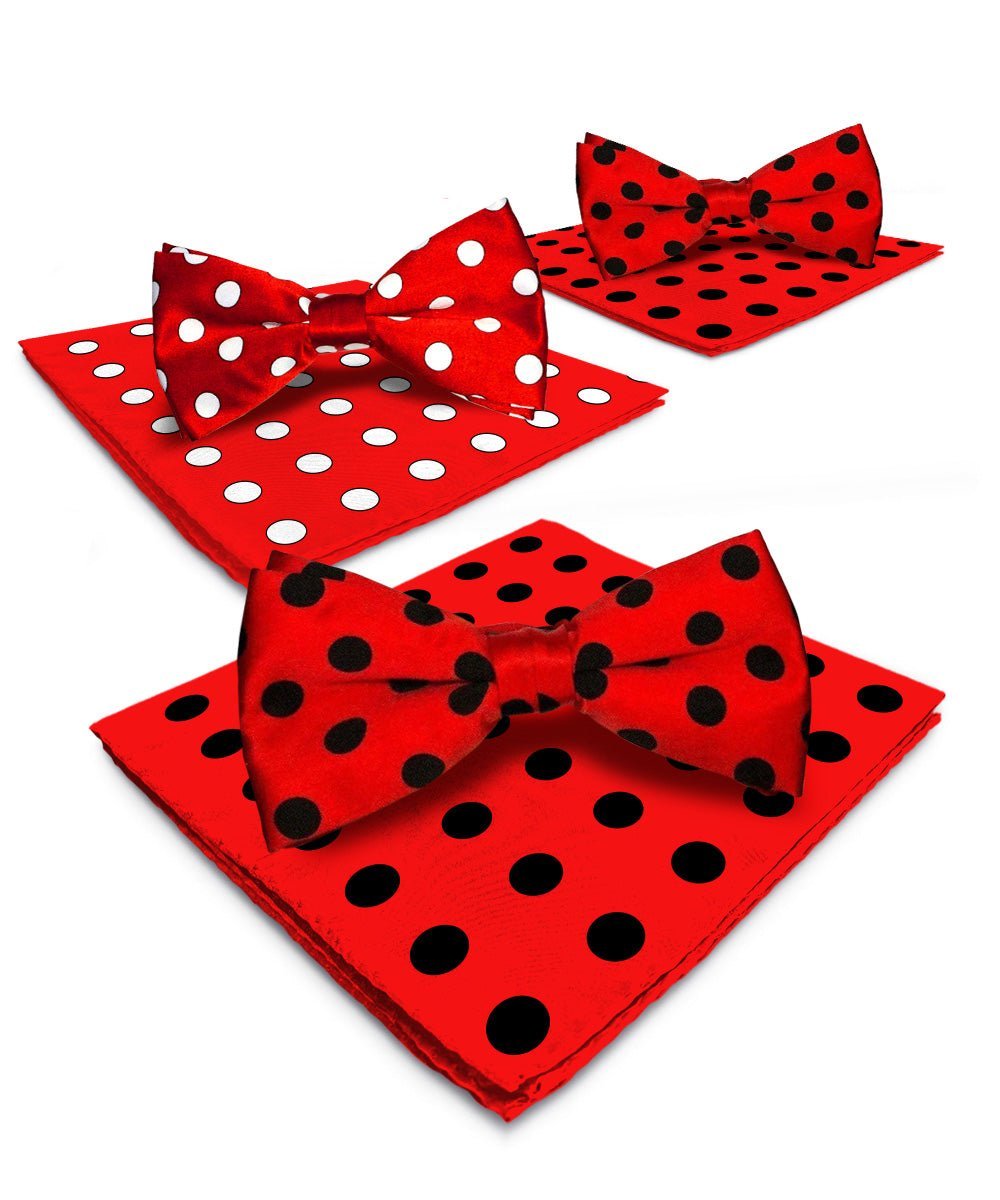 Vittorio Farina Men's Polka Dot Satin Bow Tie & Pocket Square in Gift Box (Multipack) - Red and Black/Red and Black/Red and White - Bow Tie & Pocket Square - Vittorio Farina