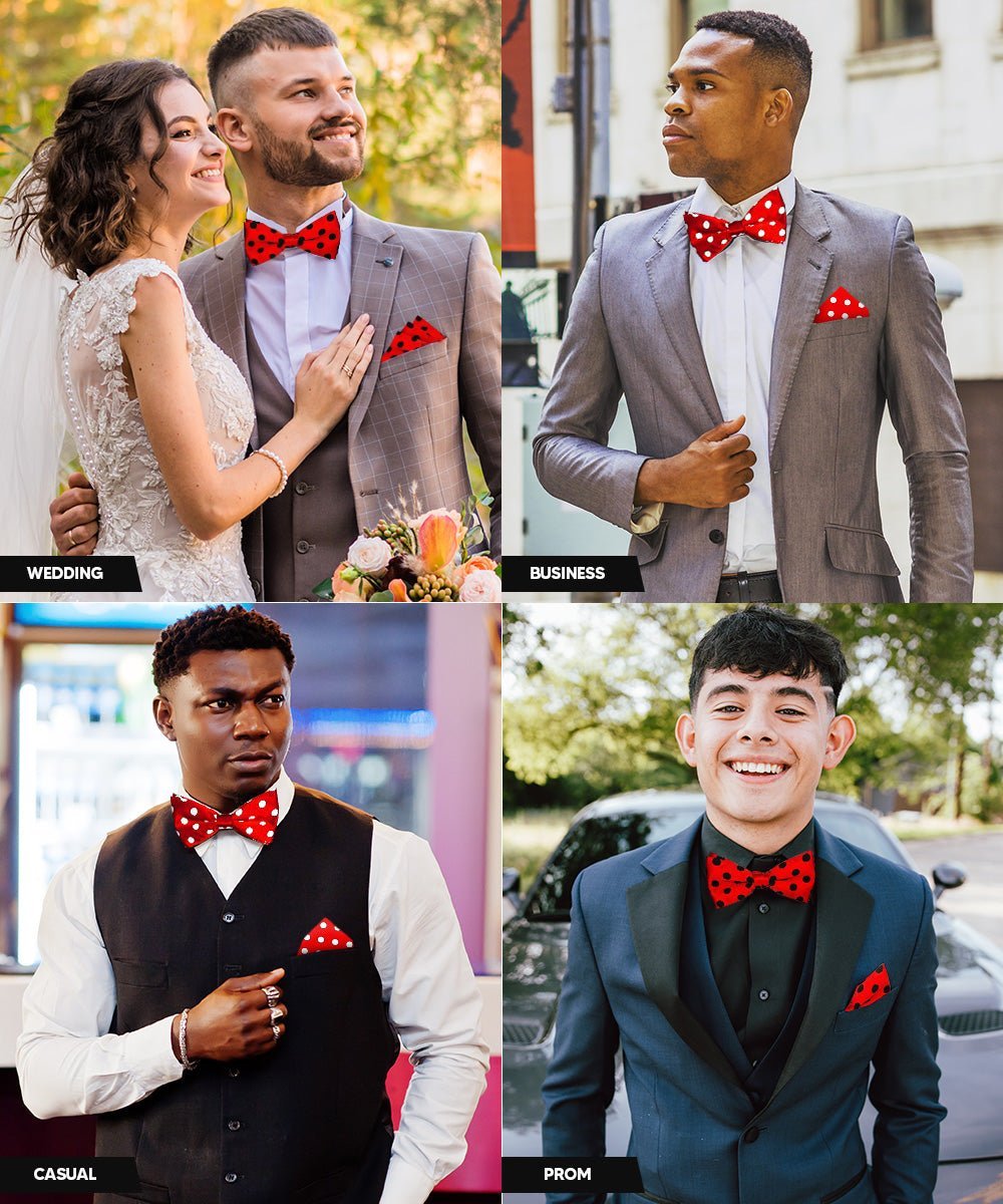 Vittorio Farina Men's Polka Dot Satin Bow Tie & Pocket Square in Gift Box (Multipack) - Red and Black/Red and Black/Red and White - Bow Tie & Pocket Square - Vittorio Farina