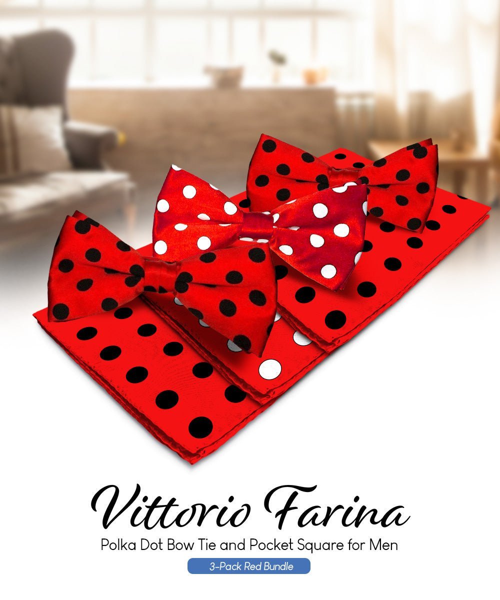 Vittorio Farina Men's Polka Dot Satin Bow Tie & Pocket Square in Gift Box (Multipack) - Red and Black/Red and Black/Red and White - Bow Tie & Pocket Square - Vittorio Farina