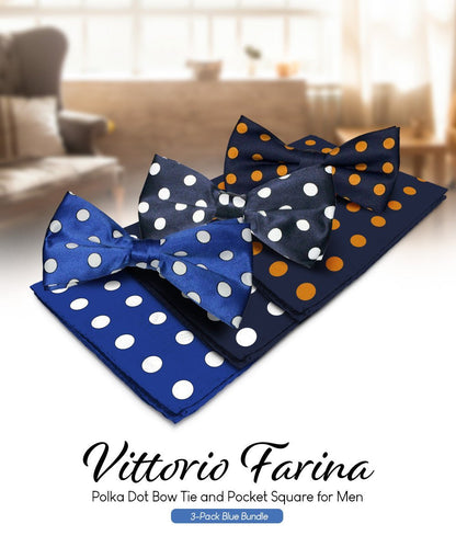 Vittorio Farina Men's Polka Dot Satin Bow Tie & Pocket Square in Gift Box (Multipack) - Royal Blue and White/Navy Blue and White/Navy Blue and Gold - Bow Tie & Pocket Square - Vittorio Farina