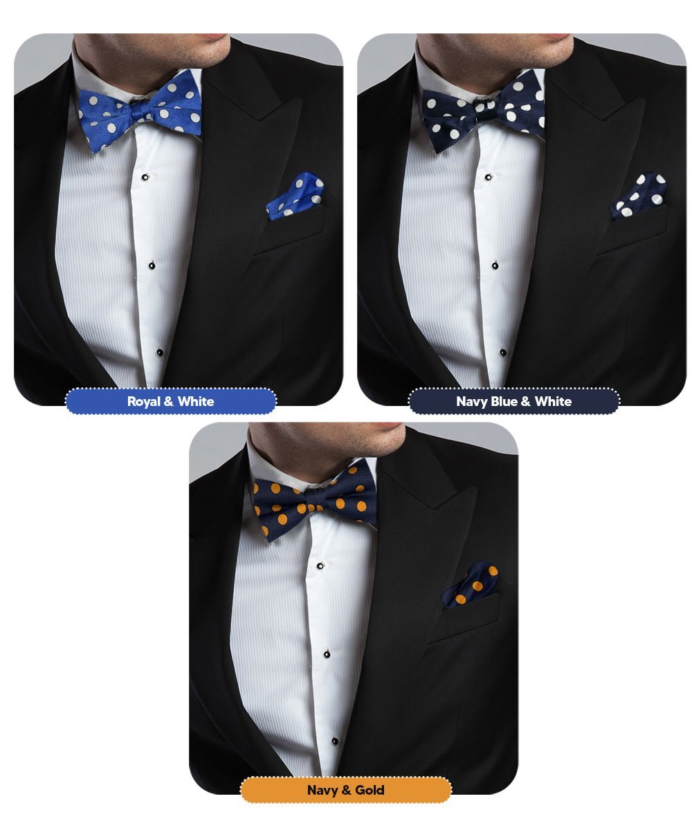 Vittorio Farina Men's Polka Dot Satin Bow Tie & Pocket Square in Gift Box (Multipack) - Royal Blue and White/Navy Blue and White/Navy Blue and Gold - Bow Tie & Pocket Square - Vittorio Farina