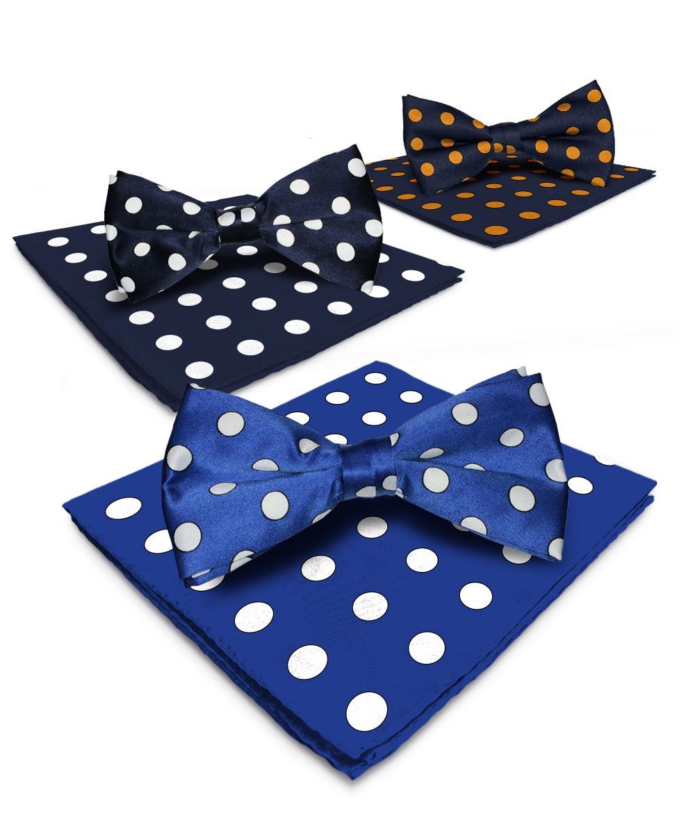 Vittorio Farina Men's Polka Dot Satin Bow Tie & Pocket Square in Gift Box (Multipack) - Royal Blue and White/Navy Blue and White/Navy Blue and Gold - Bow Tie & Pocket Square - Vittorio Farina