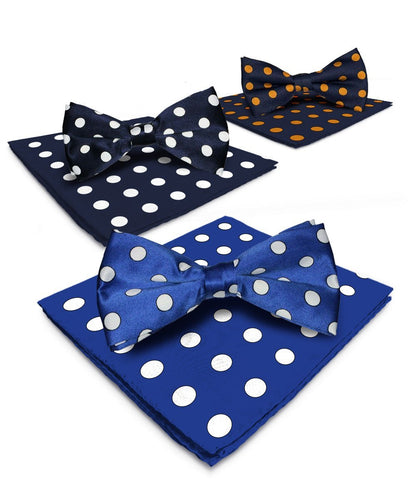 Vittorio Farina Men's Polka Dot Satin Bow Tie & Pocket Square in Gift Box (Multipack) - Royal Blue and White/Navy Blue and White/Navy Blue and Gold - Bow Tie & Pocket Square - Vittorio Farina