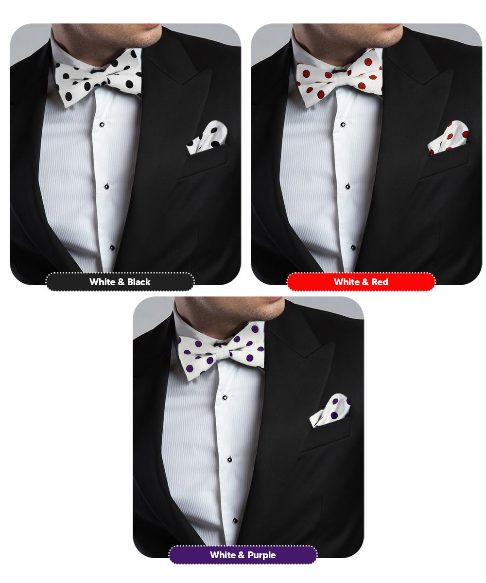 Vittorio Farina Men's Polka Dot Satin Bow Tie & Pocket Square in Gift Box (Multipack) - White and Black/White and Red/White and Purple - Bow Tie & Pocket Square - Vittorio Farina