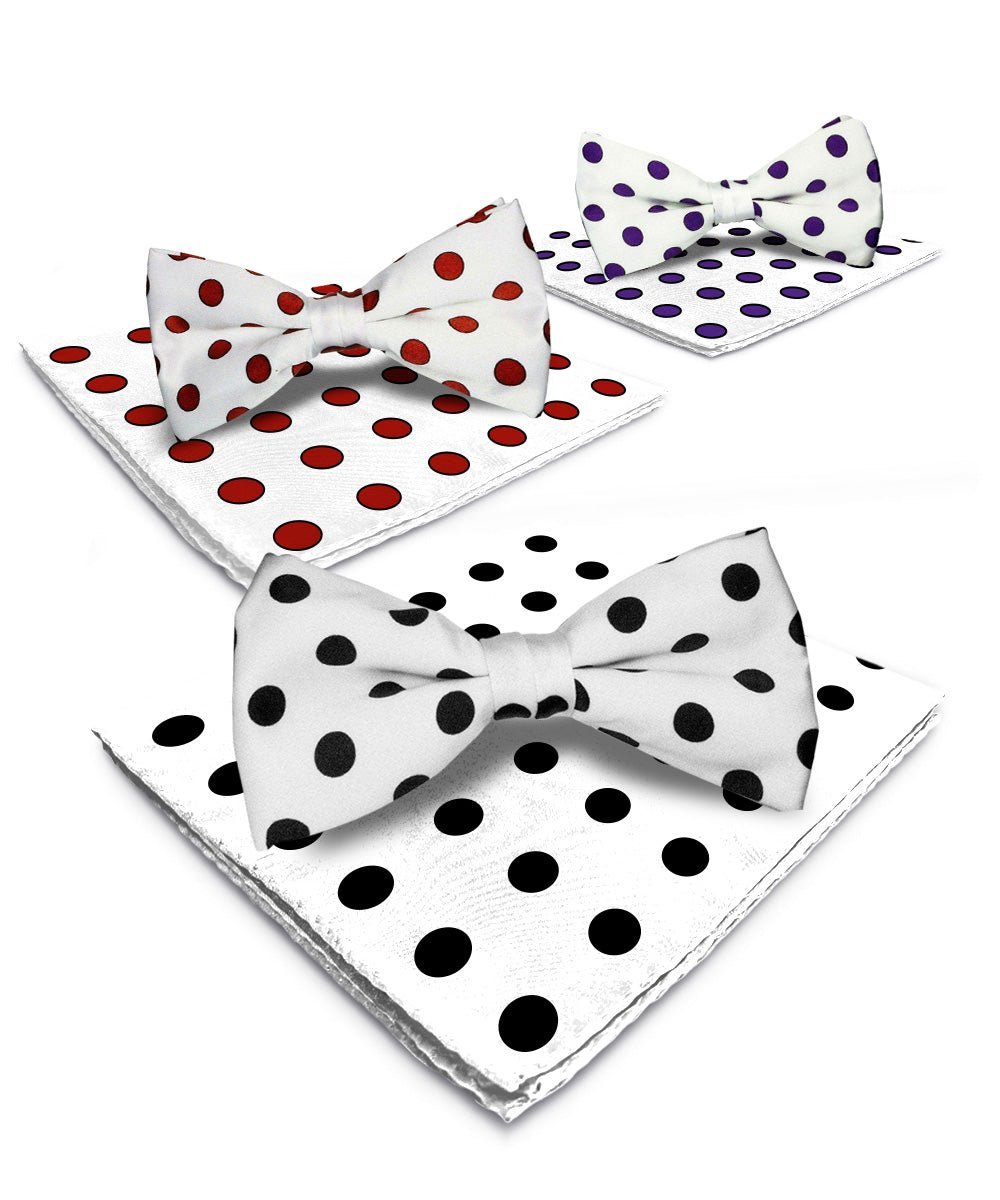 Vittorio Farina Men's Polka Dot Satin Bow Tie & Pocket Square in Gift Box (Multipack) - White and Black/White and Red/White and Purple - Bow Tie & Pocket Square - Vittorio Farina