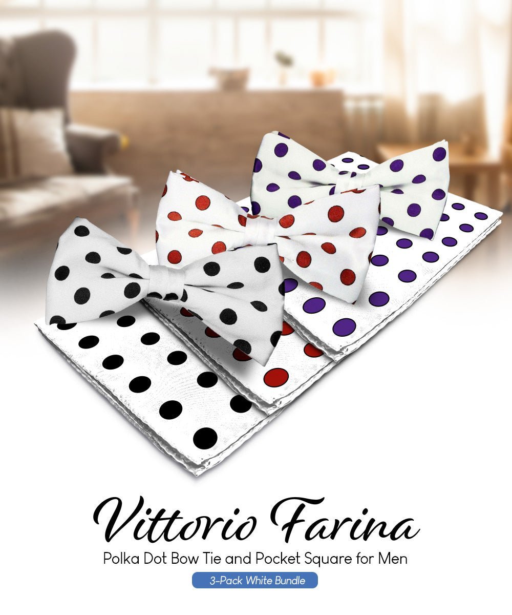 Vittorio Farina Men's Polka Dot Satin Bow Tie & Pocket Square in Gift Box (Multipack) - White and Black/White and Red/White and Purple - Bow Tie & Pocket Square - Vittorio Farina