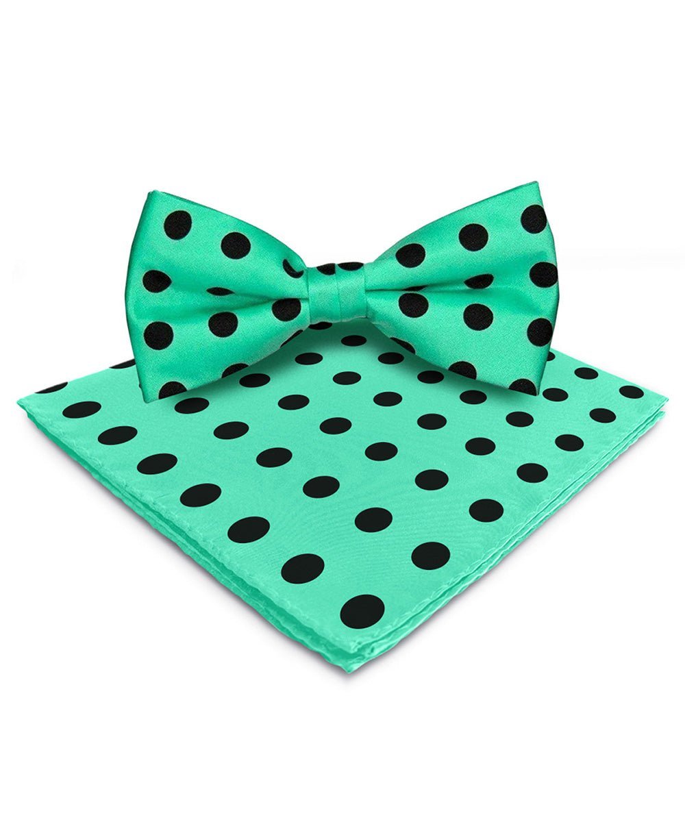 Vittorio Farina Men's Polka Dot Satin Bow Tie & Pocket Square in Gift Box - Aqua and Black - Bow Tie & Pocket Square - Vittorio Farina