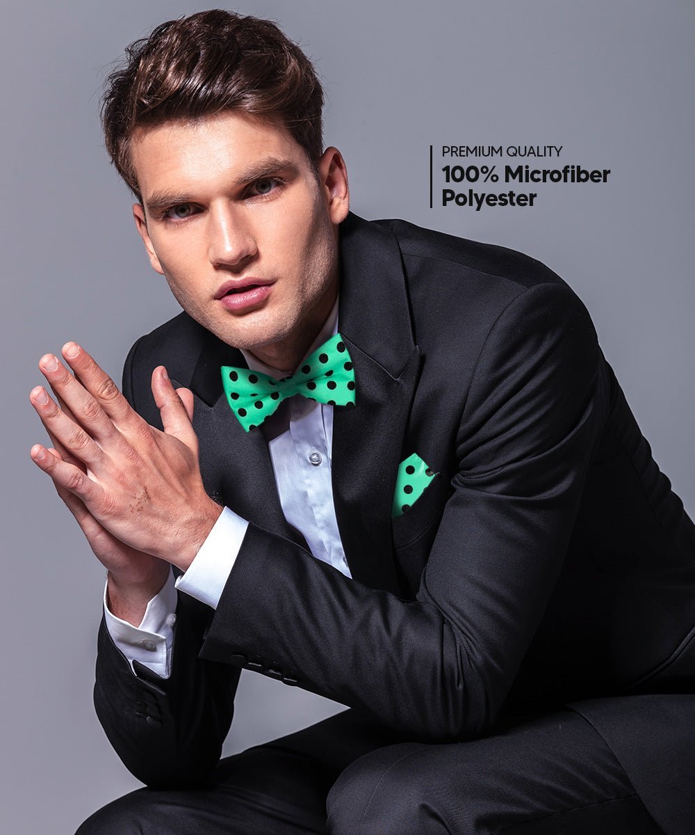 Vittorio Farina Men's Polka Dot Satin Bow Tie & Pocket Square in Gift Box - Aqua and Black - Bow Tie & Pocket Square - Vittorio Farina