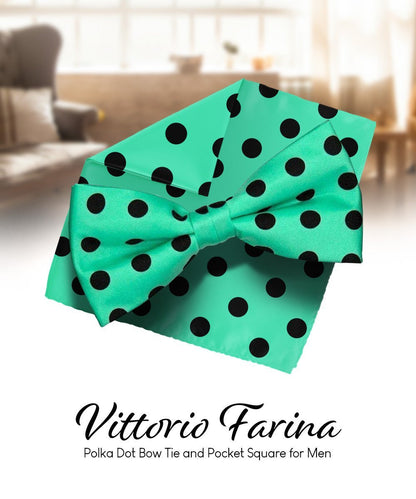 Vittorio Farina Men's Polka Dot Satin Bow Tie & Pocket Square in Gift Box - Aqua and Black - Bow Tie & Pocket Square - Vittorio Farina