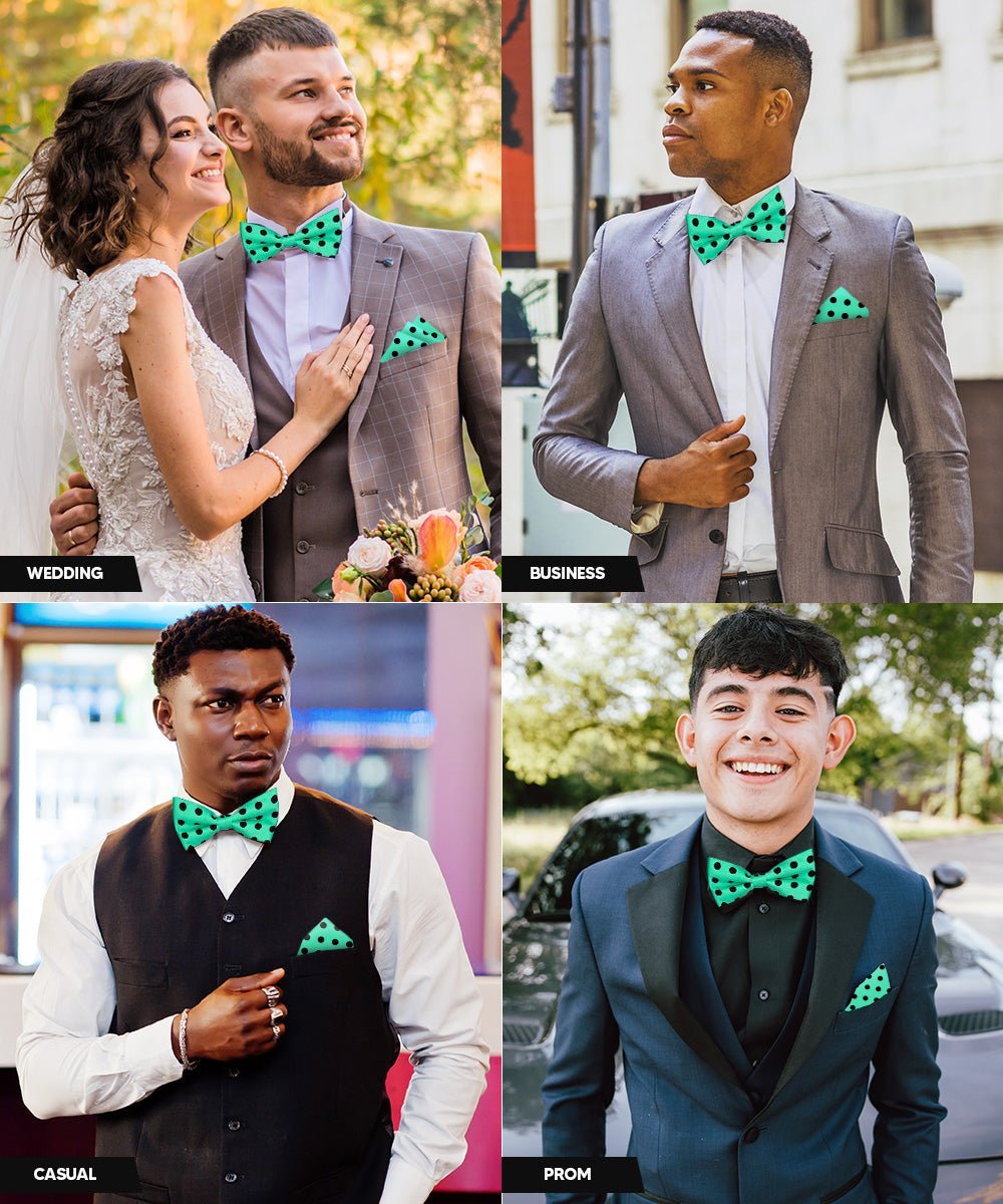 Vittorio Farina Men's Polka Dot Satin Bow Tie & Pocket Square in Gift Box - Aqua and Black - Bow Tie & Pocket Square - Vittorio Farina