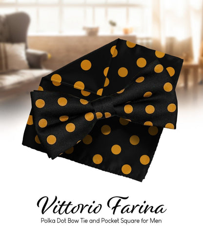 Vittorio Farina Men's Polka Dot Satin Bow Tie & Pocket Square in Gift Box - Black and Gold - Bow Tie & Pocket Square - Vittorio Farina