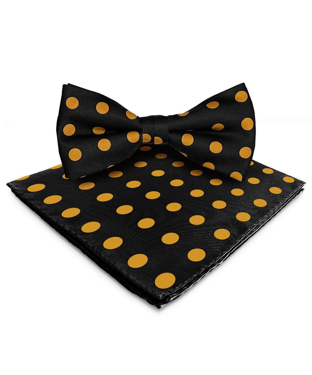Vittorio Farina Men's Polka Dot Satin Bow Tie & Pocket Square in Gift Box - Black and Gold - Bow Tie & Pocket Square - Vittorio Farina