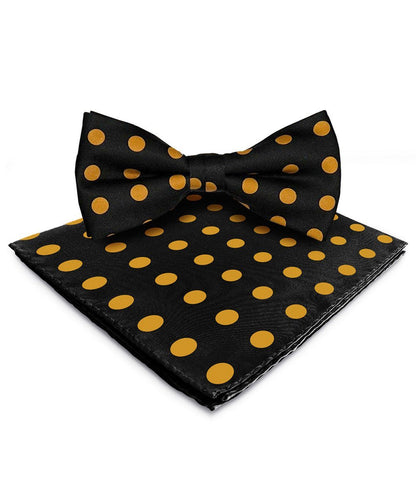 Vittorio Farina Men's Polka Dot Satin Bow Tie & Pocket Square in Gift Box - Black and Gold - Bow Tie & Pocket Square - Vittorio Farina