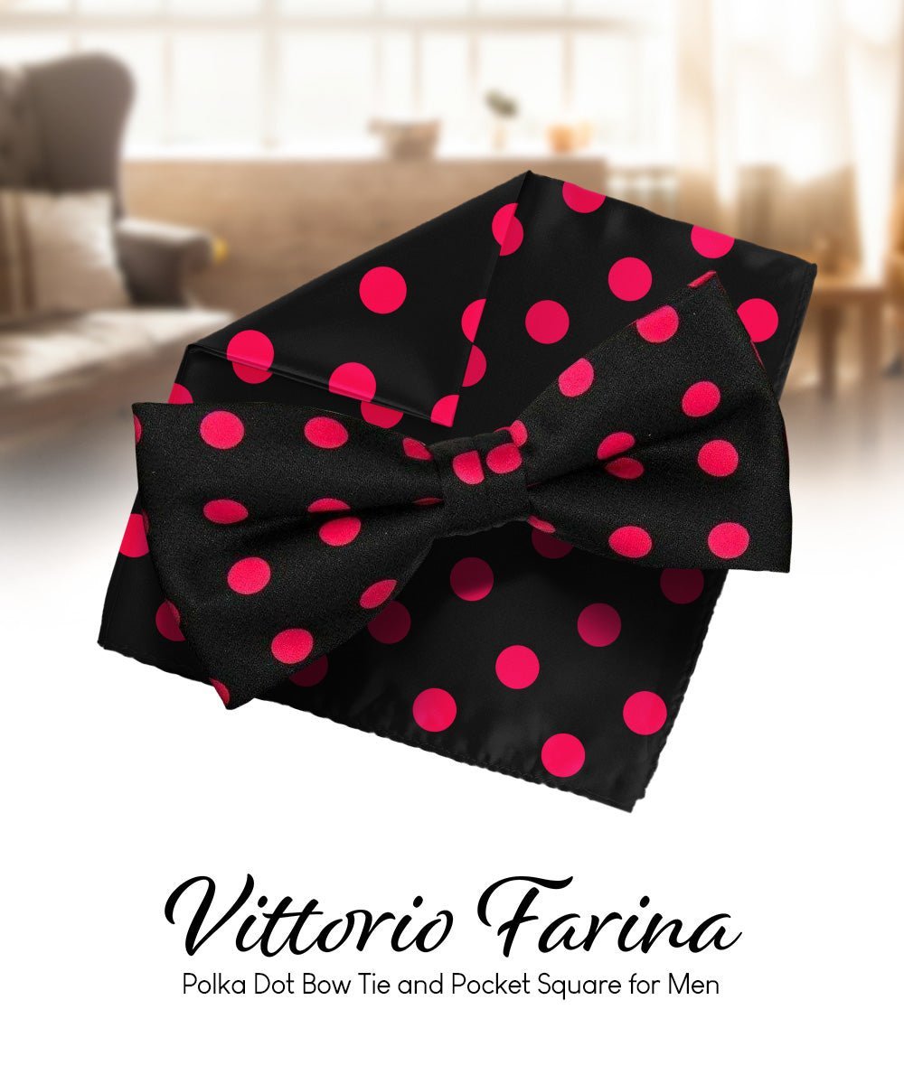 Vittorio Farina Men's Polka Dot Satin Bow Tie & Pocket Square in Gift Box - Black and Pink - Bow Tie & Pocket Square - Vittorio Farina