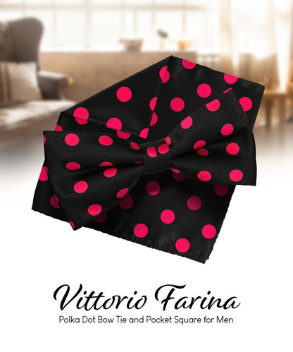 Vittorio Farina Men's Polka Dot Satin Bow Tie & Pocket Square in Gift Box - Black and Pink - Bow Tie & Pocket Square - Vittorio Farina