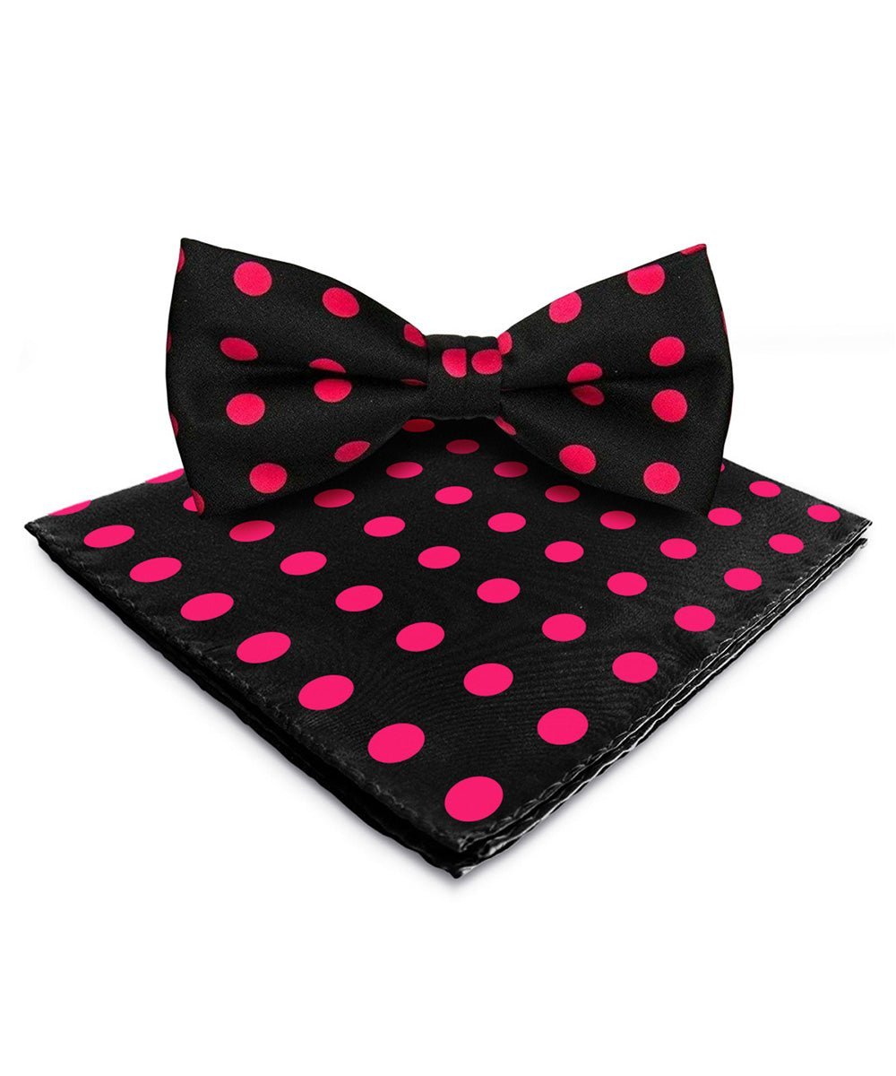 Vittorio Farina Men's Polka Dot Satin Bow Tie & Pocket Square in Gift Box - Black and Pink - Bow Tie & Pocket Square - Vittorio Farina