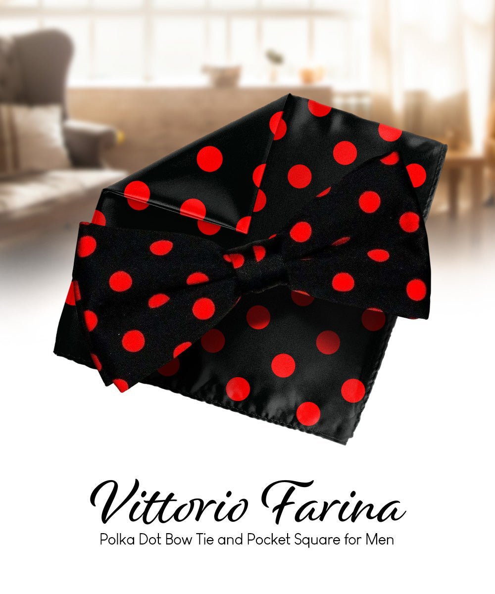 Vittorio Farina Men's Polka Dot Satin Bow Tie & Pocket Square in Gift Box - Black and Pink - Bow Tie & Pocket Square - Vittorio Farina
