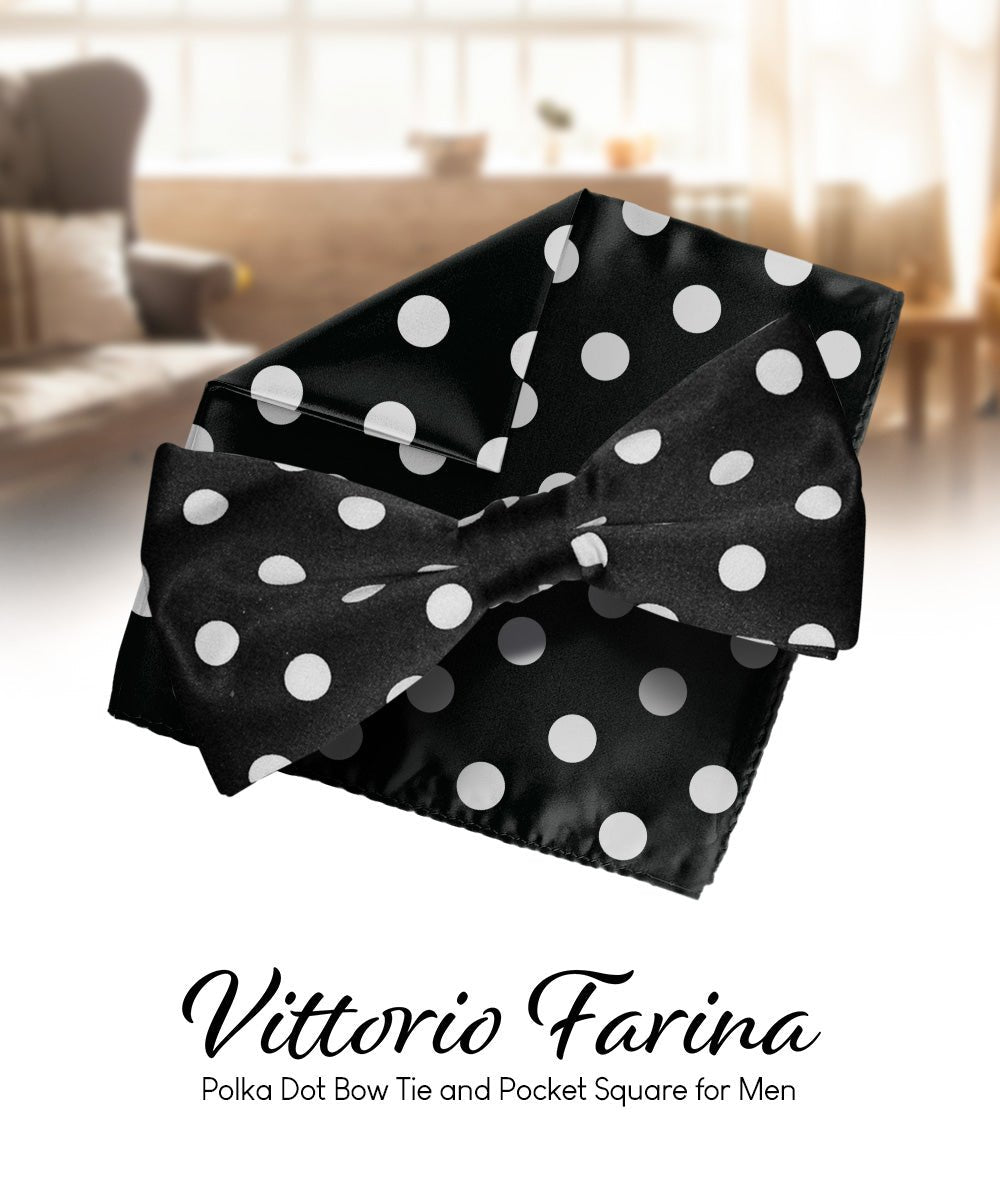 Vittorio Farina Men's Polka Dot Satin Bow Tie & Pocket Square in Gift Box - Black and White - Bow Tie & Pocket Square - Vittorio Farina