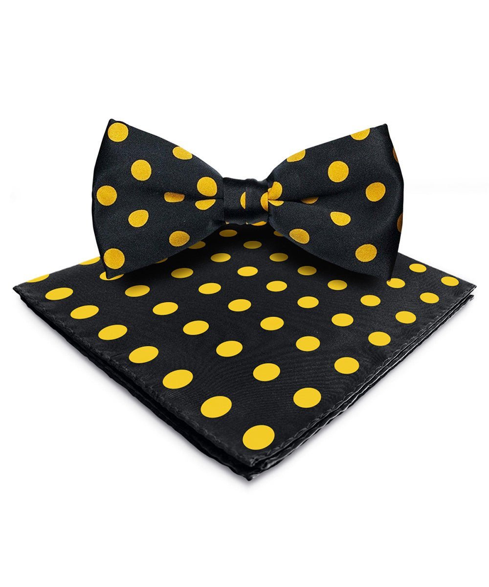 Vittorio Farina Men's Polka Dot Satin Bow Tie & Pocket Square in Gift Box - Black and Yellow - Bow Tie & Pocket Square - Vittorio Farina