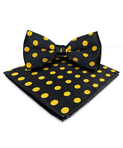 Vittorio Farina Men's Polka Dot Satin Bow Tie & Pocket Square in Gift Box - Black and Yellow - Bow Tie & Pocket Square - Vittorio Farina