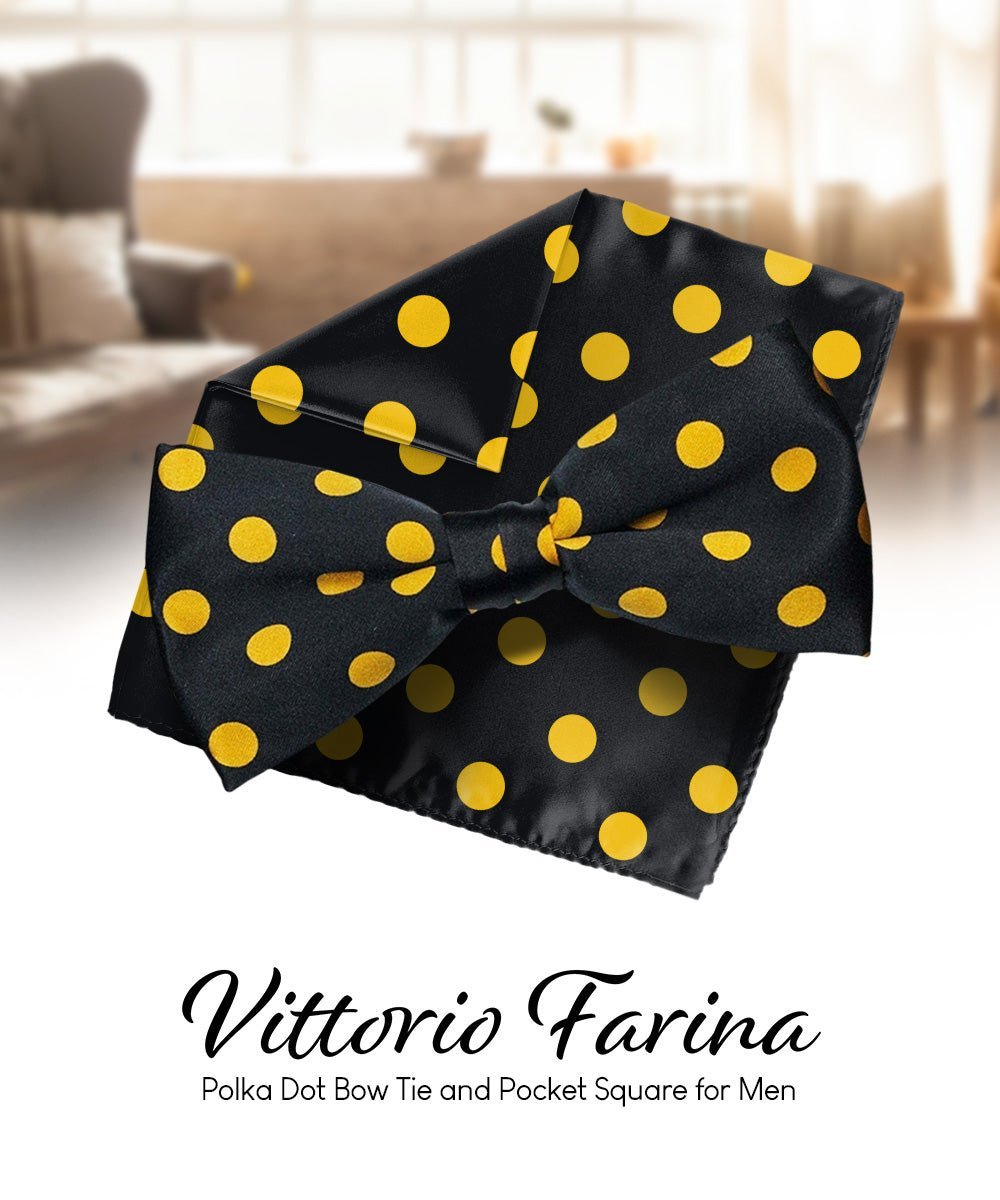 Vittorio Farina Men's Polka Dot Satin Bow Tie & Pocket Square in Gift Box - Black and Yellow - Bow Tie & Pocket Square - Vittorio Farina