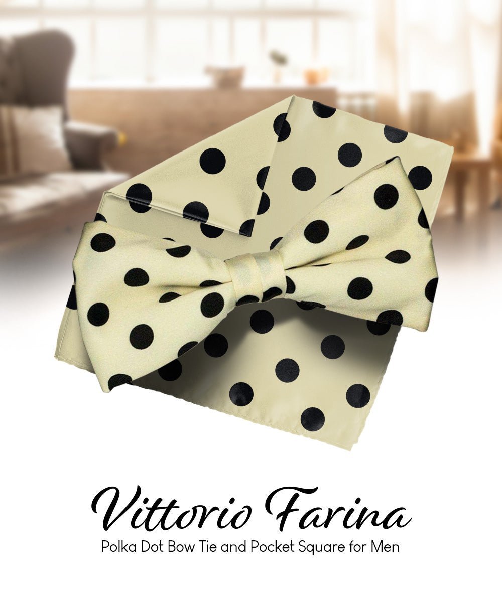 Vittorio Farina Men's Polka Dot Satin Bow Tie & Pocket Square in Gift Box - Ivory and Black - Bow Tie & Pocket Square - Vittorio Farina