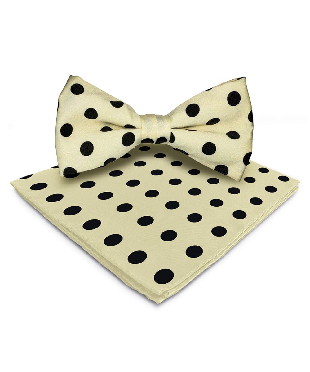 Vittorio Farina Men's Polka Dot Satin Bow Tie & Pocket Square in Gift Box - Ivory and Black - Bow Tie & Pocket Square - Vittorio Farina