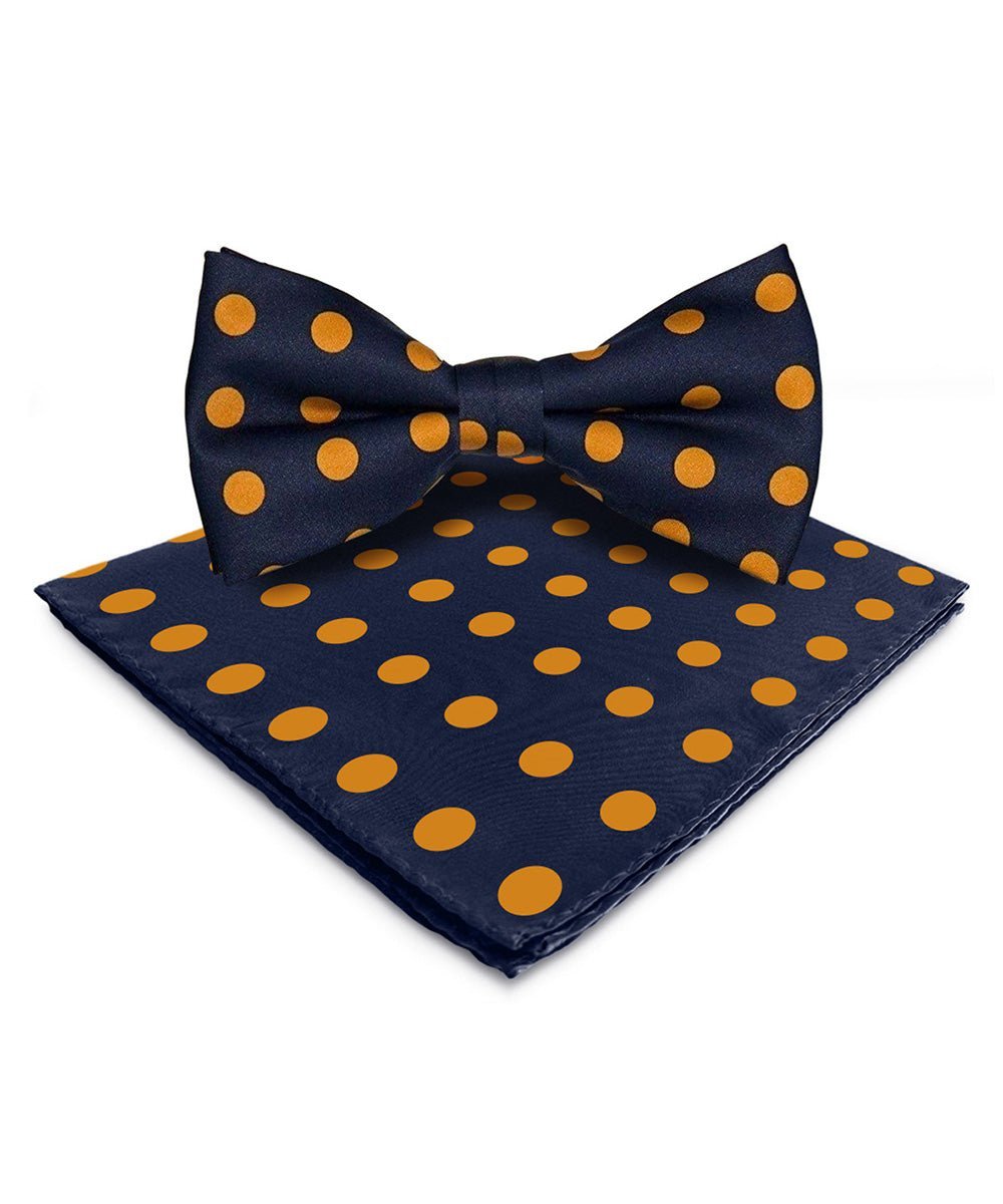Vittorio Farina Men's Polka Dot Satin Bow Tie & Pocket Square in Gift Box - Navy Blue and Gold - Bow Tie & Pocket Square - Vittorio Farina