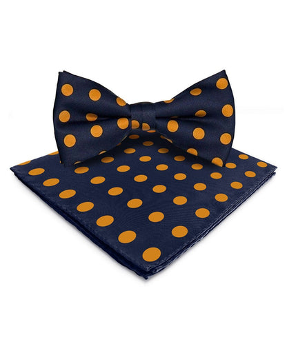 Vittorio Farina Men's Polka Dot Satin Bow Tie & Pocket Square in Gift Box - Navy Blue and Gold - Bow Tie & Pocket Square - Vittorio Farina