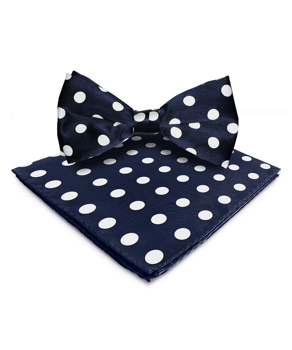 Vittorio Farina Men's Polka Dot Satin Bow Tie & Pocket Square in Gift Box - Navy Blue and White - Bow Tie & Pocket Square - Vittorio Farina