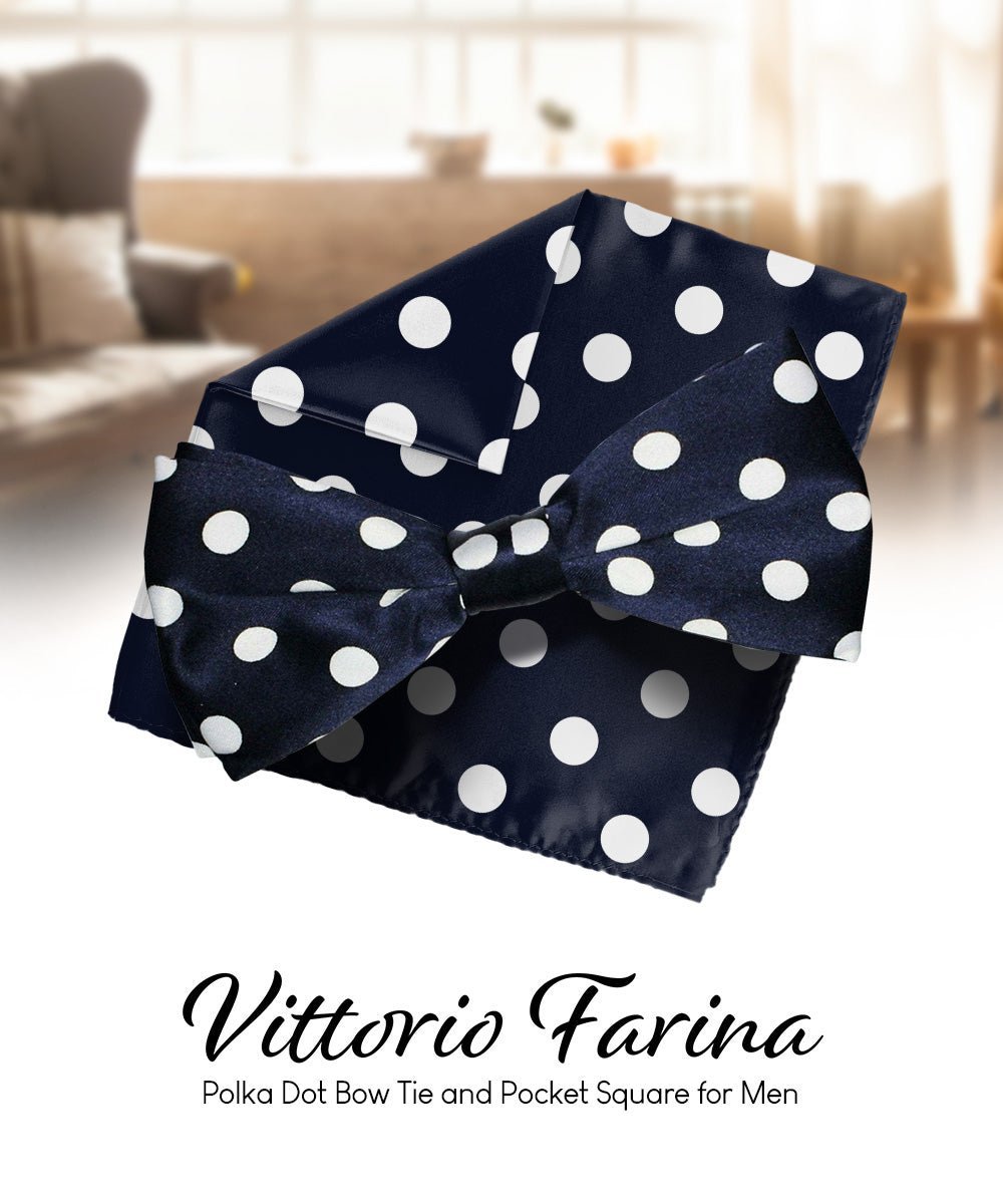 Vittorio Farina Men's Polka Dot Satin Bow Tie & Pocket Square in Gift Box - Navy Blue and White - Bow Tie & Pocket Square - Vittorio Farina