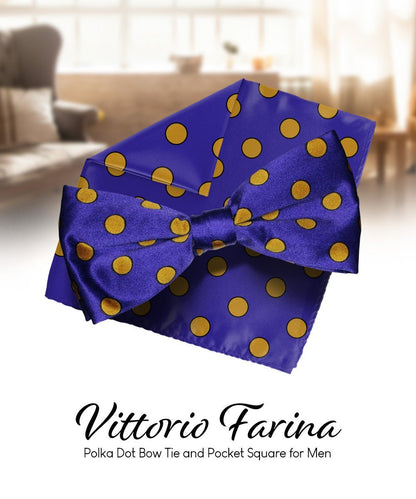 Vittorio Farina Men's Polka Dot Satin Bow Tie & Pocket Square in Gift Box - Navy Blue and White - Bow Tie & Pocket Square - Vittorio Farina