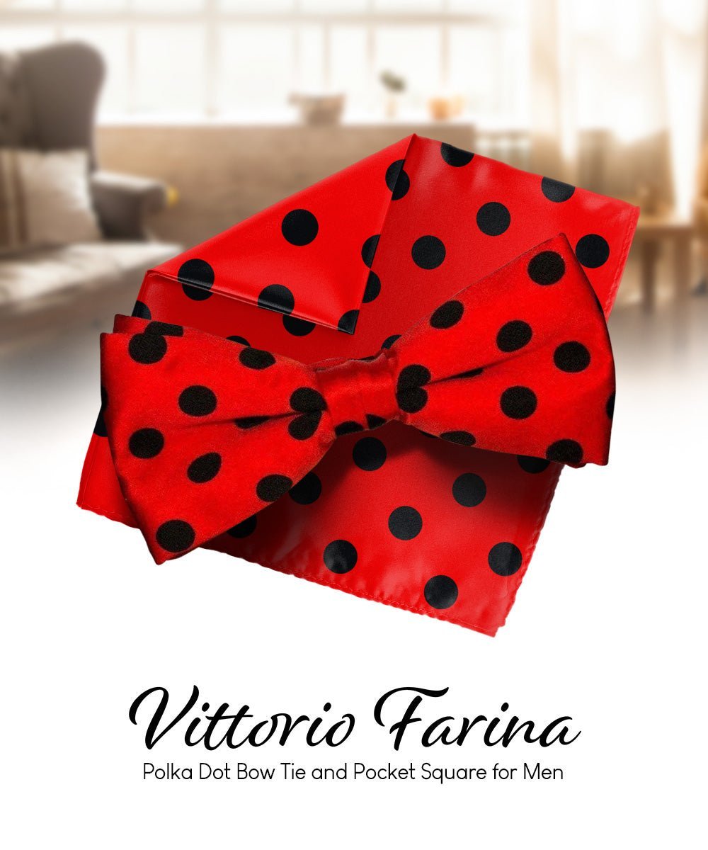Vittorio Farina Men's Polka Dot Satin Bow Tie & Pocket Square in Gift Box - Red and Black - Bow Tie & Pocket Square - Vittorio Farina